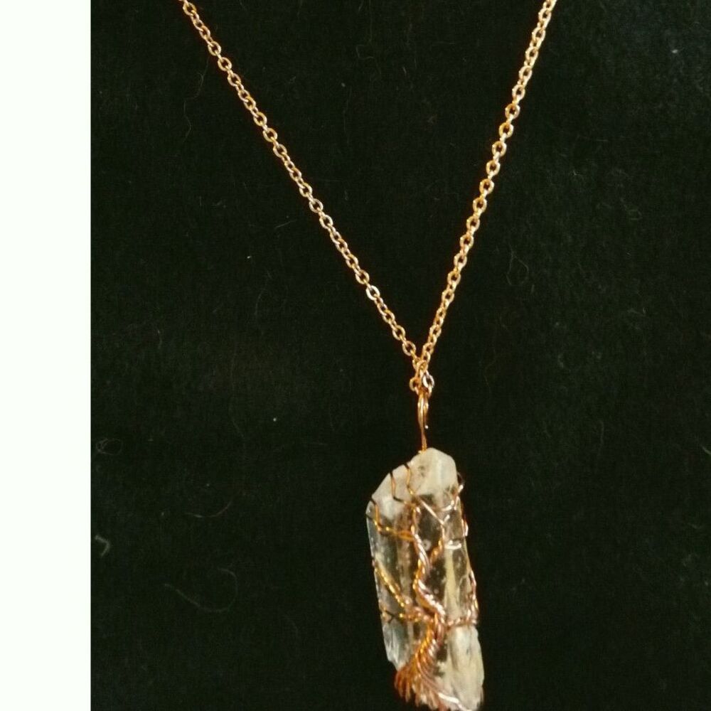 Artisan Clear Quartz Crystal Point Copper Wire Wrap chain Pendant Tree of Life